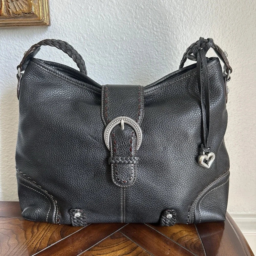 VTG Brighton Leather Handbag‎ Purse 11x14 Inch Black Woven Handle Buckle Accent